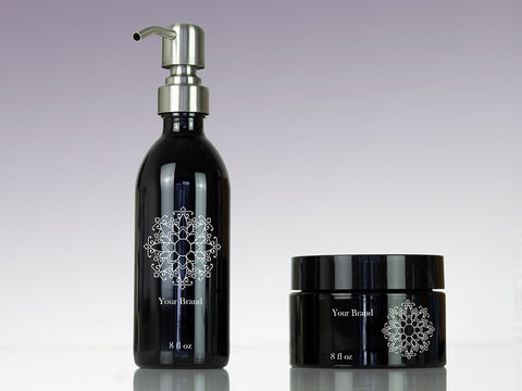 Mockup of Miron VioletGlass Bottle and Jar with Ceramic Print
