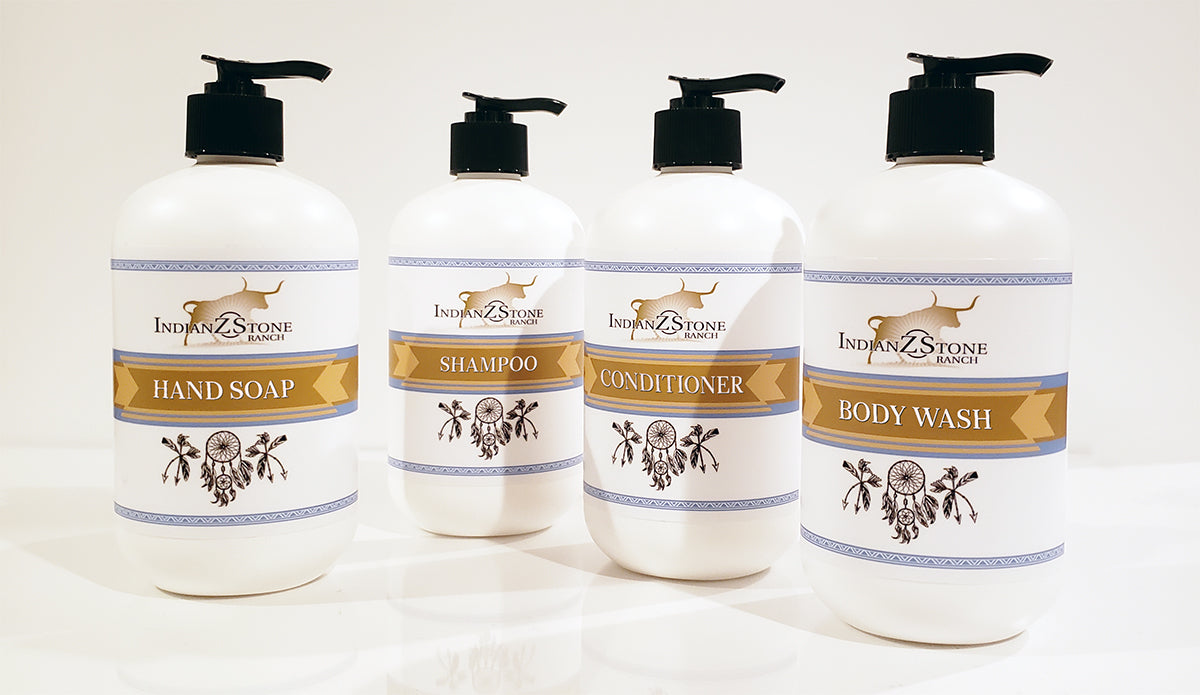 Hand Soap, Shampoo, Conditioner, and Body Wash bottles