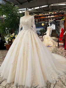 long sleeve wedding dress o-neck appliques organza A-line bridal dress wedding long train vestido de noiva - moonaro