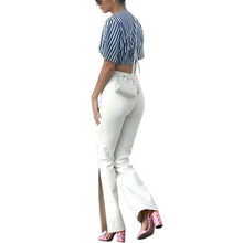 Load image into Gallery viewer, 2 piece Women Blouse and Pants Stripe Short Sleeve Crop Top Women Midriff-baring Tops and White Tight Trousers - moonaro