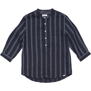 Summer new vertical striped 100% linen shirts men three quarter sleeve shirt stand collar - moonaro