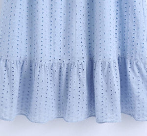 Women Embroidery Romantic Blue Cotton Dress for Summer Three Quarter Sleeve Stretchy Waist Females Sundress - moonaro