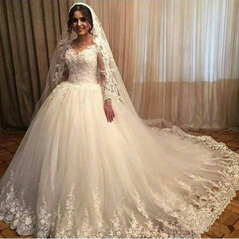 3d Floral Appliques Lace Wedding Dressees Long Sleeves Ball Gown Vestido De Noiva Vintage Sheer Tulle Plus Size Bridal Gown