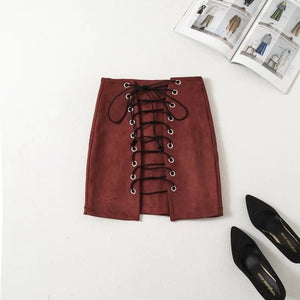 Autumn Casual Suede Skirt Women Lace Up Faux Leather Skirt Female High Waist Drawstring Skirt For Ladies - moonaro