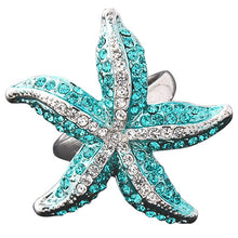 Load image into Gallery viewer, Crystal Rhinestone 3D Starfish Statement Finger Ring Blue Whit - moonaro
