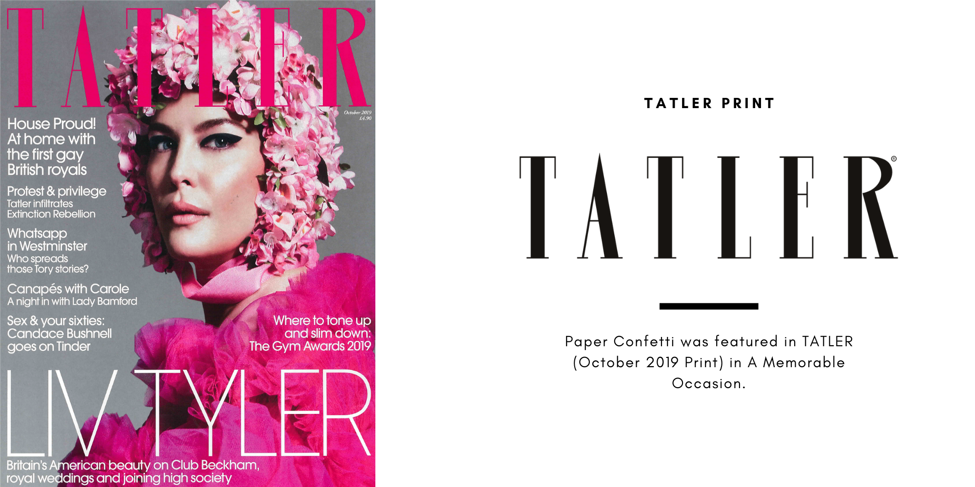 Paper Confetti was featured in Tatler Magazine's "A Memorable Occasion" October 2019 Print for our exclusive customizable rose gold champagne bottle balloons. 