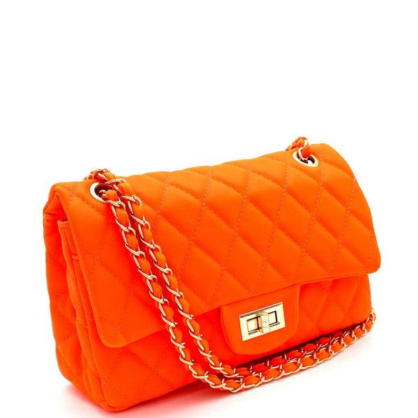 Quilted Turn-Lock 2-Way Chain PU Leather Shoulder Bag Neon Color