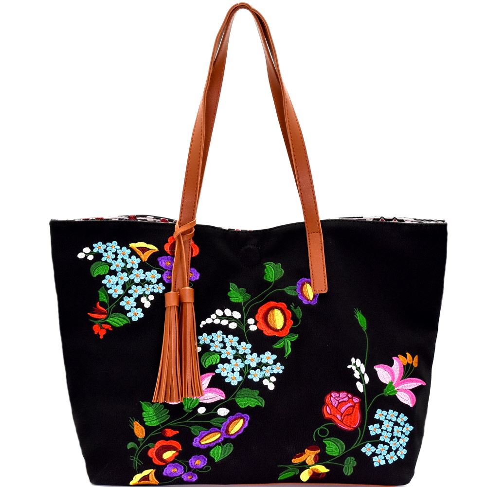 Tassel Accent Flower Embroidery Reversible Tote Bag