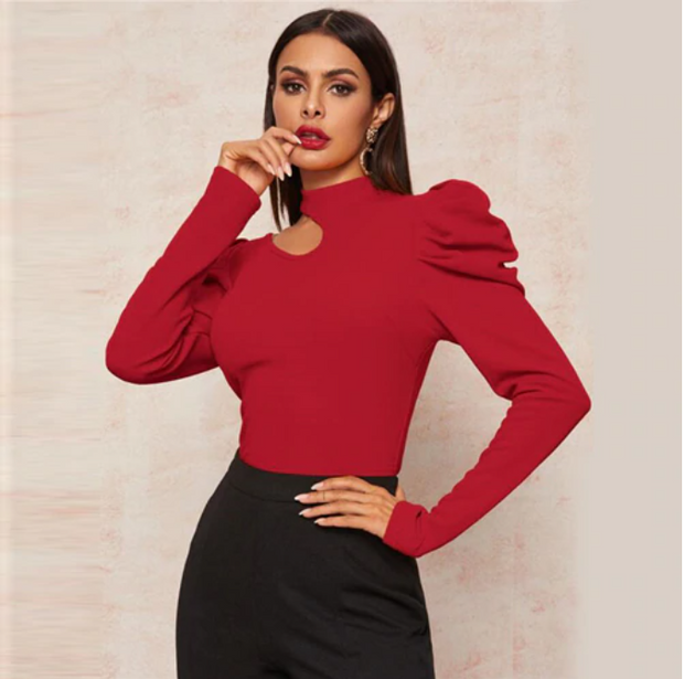 JDEFEG Womens Active Short Sleeve Womens Elegant Turtleneck Ruched Ruffle  Trim Long Sleeve Blouse Shirt Top Womens Chiffon Blouse Polyester,Spandex  Red M 