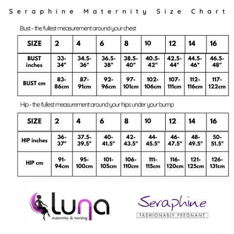 Seraphine nursing and pregnancy wear size chart