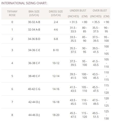 Tiffany Rose size chart for special occasion maternity and nursing dresses