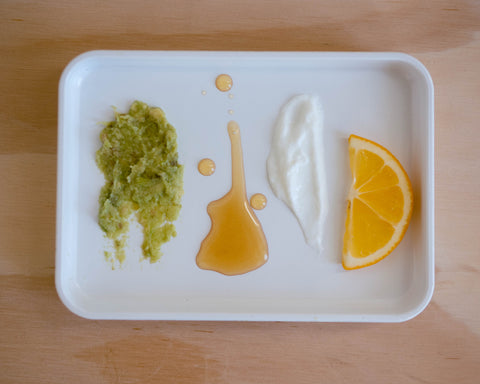 Different mask activating ingredients: avocado, honey, yogurt and lemon juice