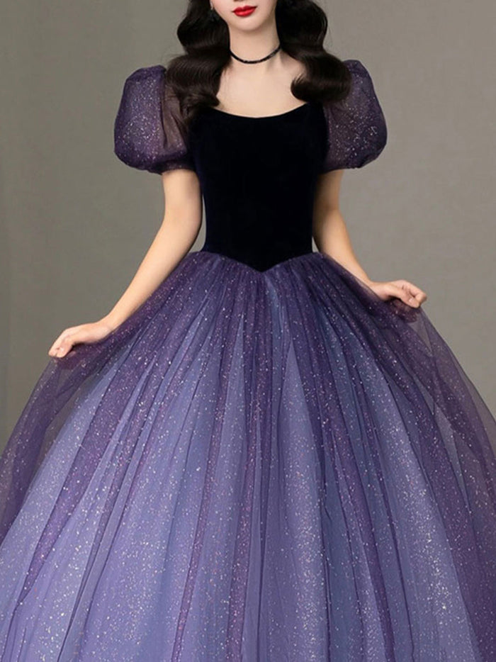 Purple off shoulder tulle long prom dress, A line tulle formal dress