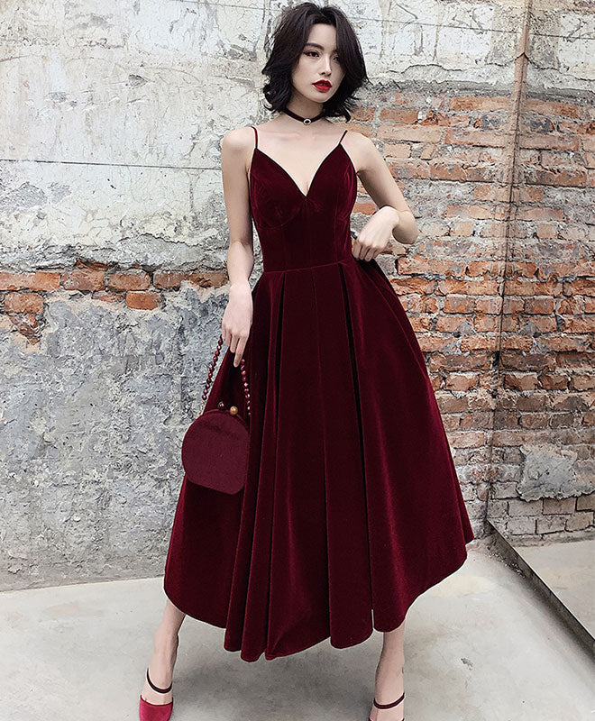 burgundy tea length formal dress