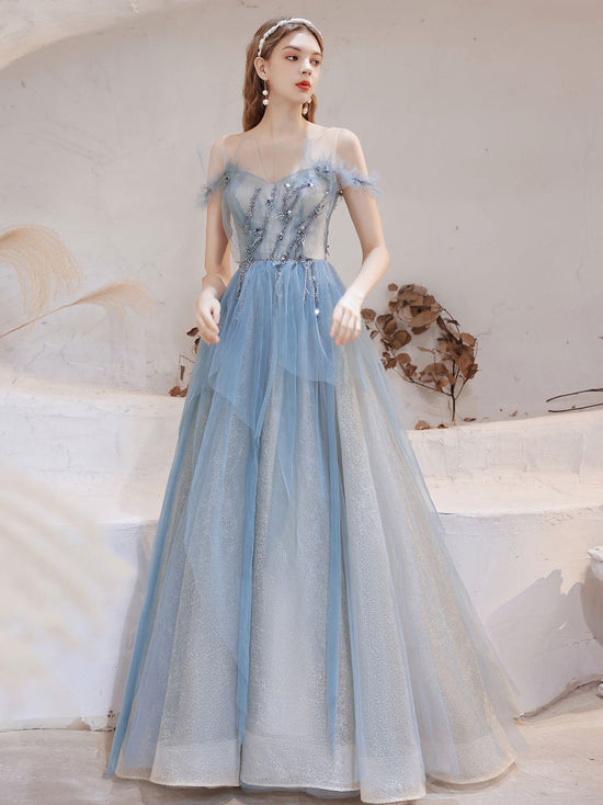 Load image into Gallery viewer, Blue tulle lace off shoulder long prom dress, blue evening dress
