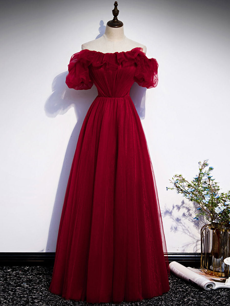 Simple burgundy tulle long prom dress burgundy bridesmaid dress – toptby