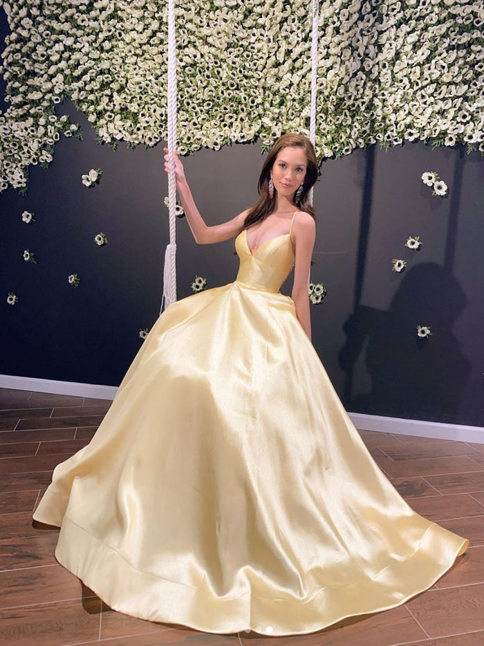 Yellow satin long prom dress, yellow evening dress – toptby