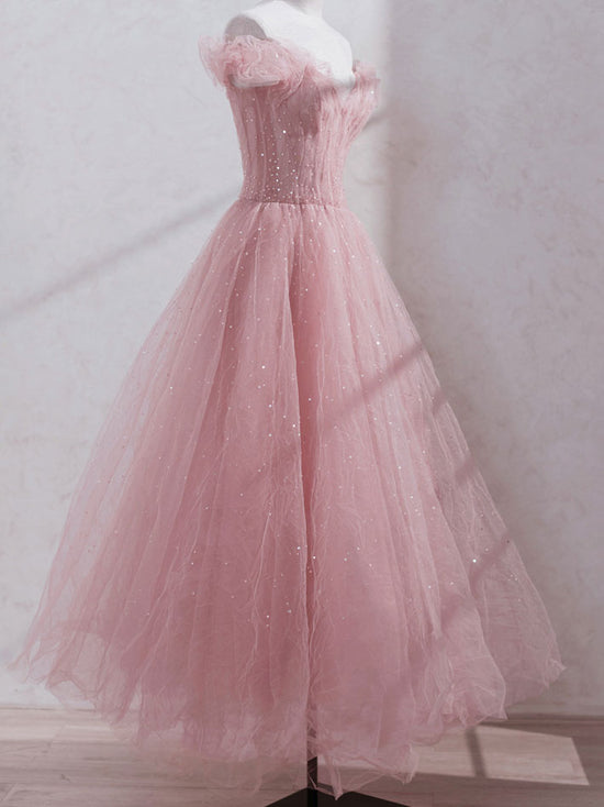 Pink Off Shoulder Tulle Tea Length Prom Dress Pink Tulle Evening Dres Toptby 