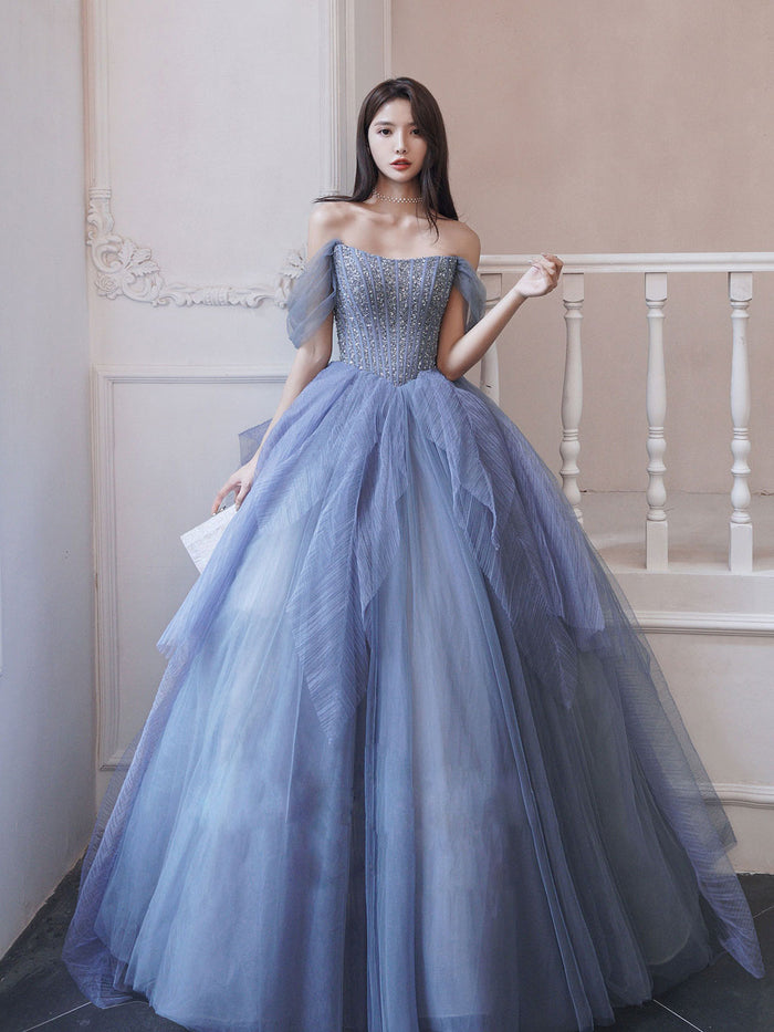 Blue A line tulle sequin long prom dress, blue tulle formal dress