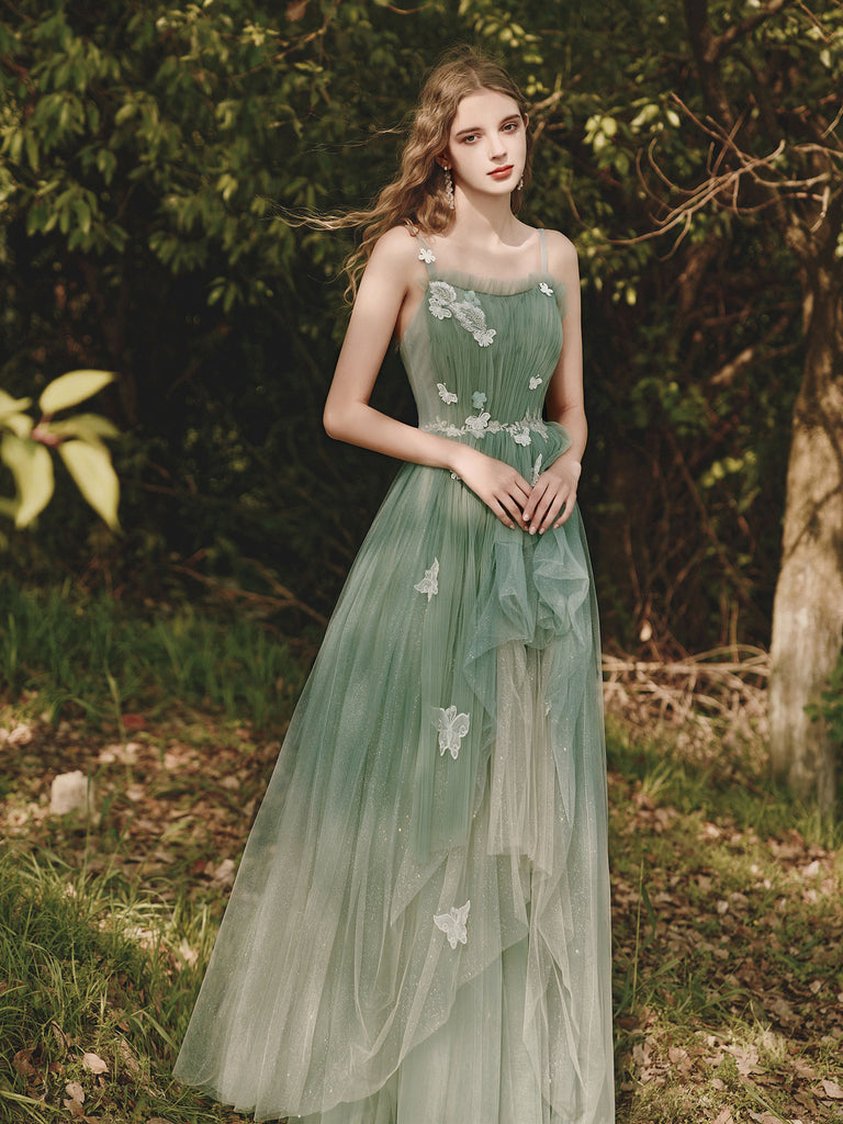 Green tulle lace long prom dress green tulle evening dress – toptby