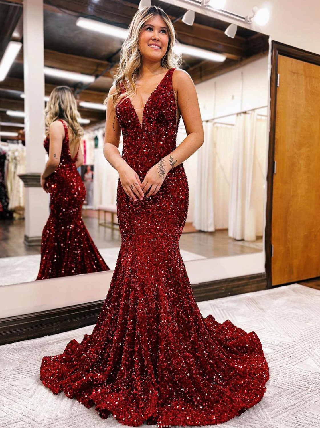 Unique Velvet Sequin Burgundy Mermaid Long Prom Dress, Sequin Formal E ...