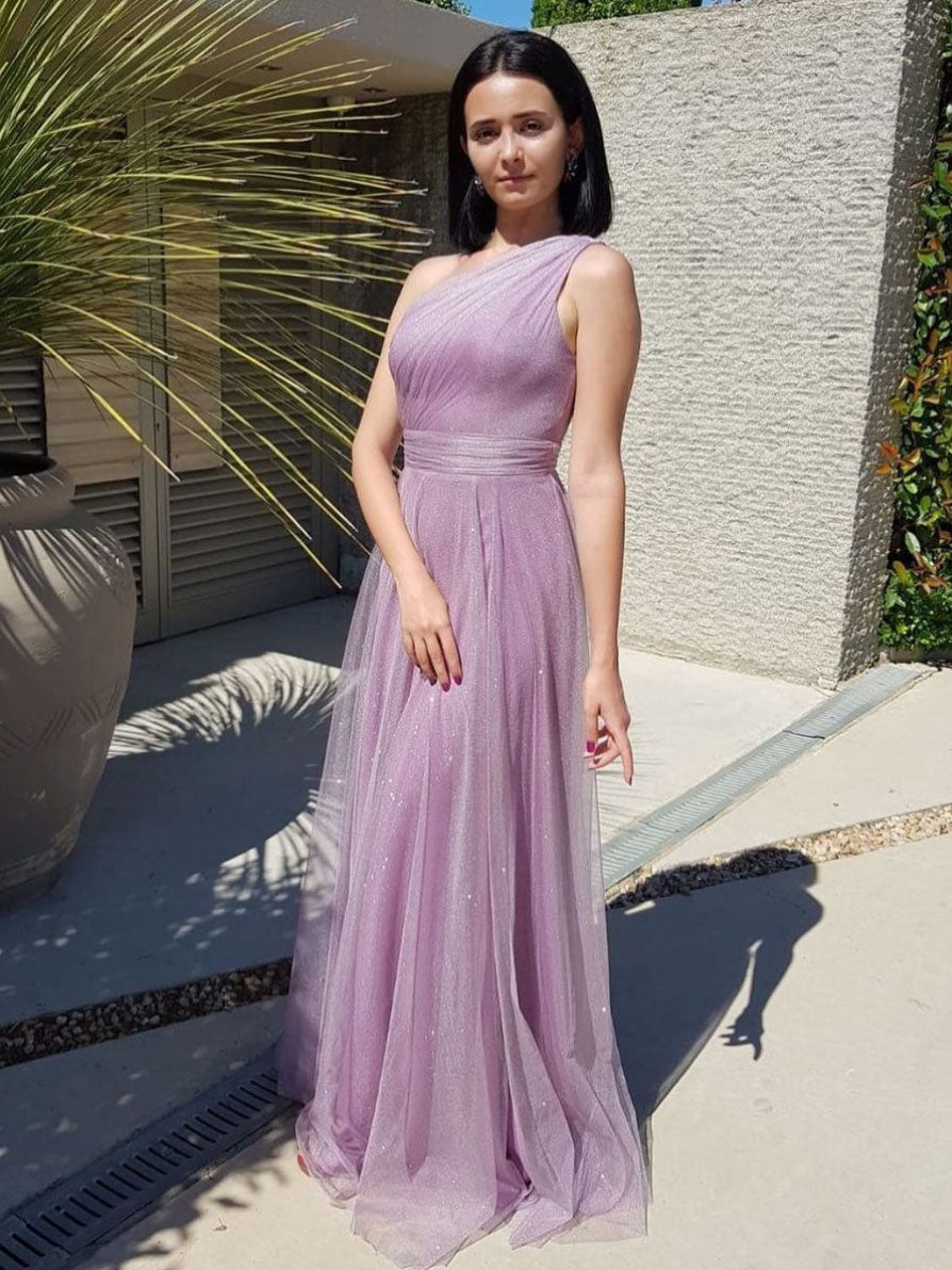 Load image into Gallery viewer, Purple tulle one shoulder long prom dress, purple evening dress
