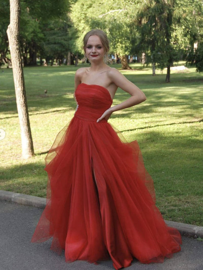 shopluu Brick Red V Neck Tulle Long Prom Dresses, Brick Red Tulle Formal Graduation Dresses US 12 / Custom Color