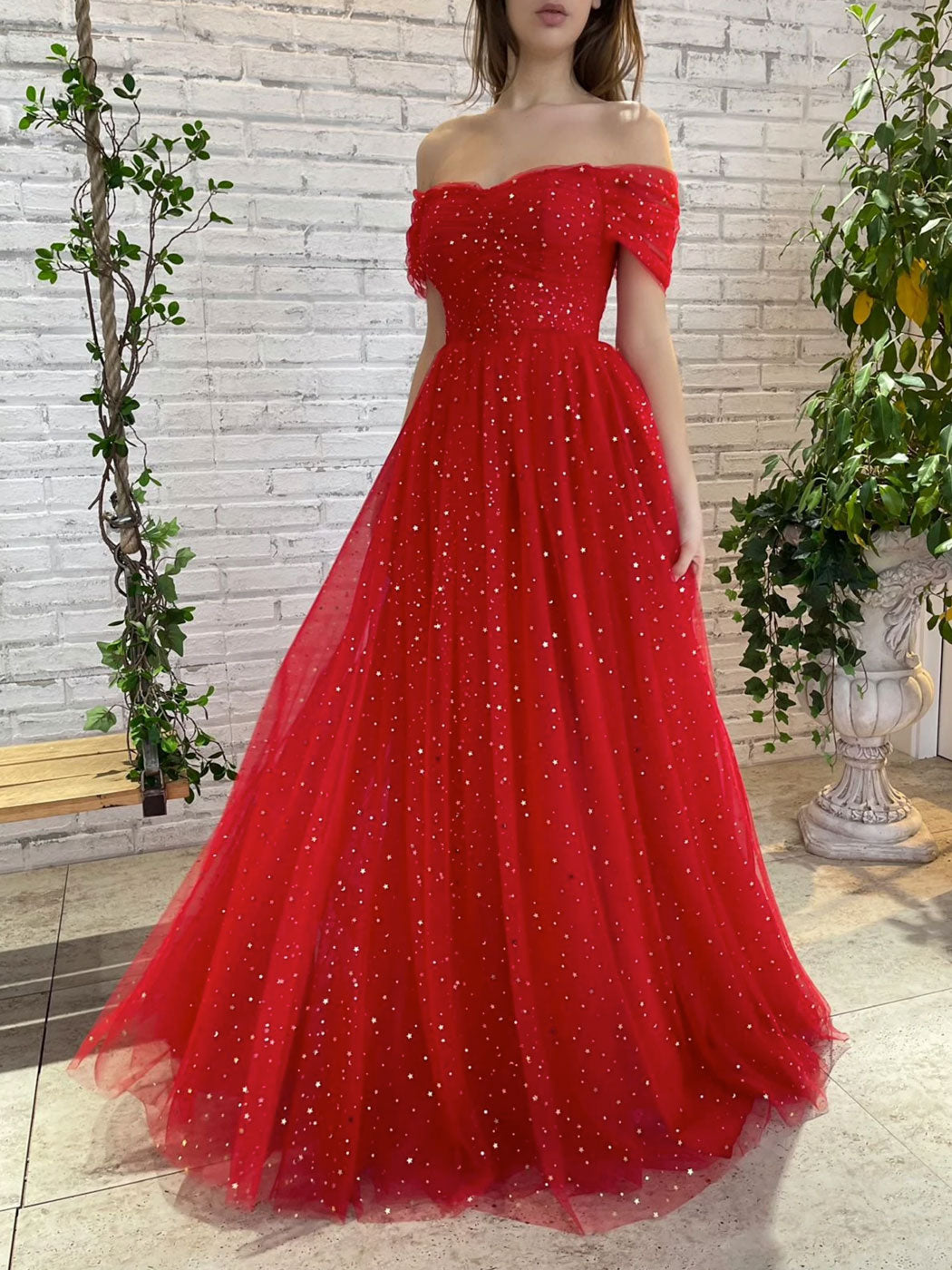 Off Shoulder A line Tulle Long Dresses, Red Long Formal – toptby
