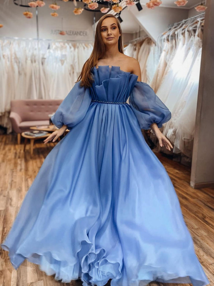 Blue Tulle Long Prom Dresses, Blue Tulle Formal Dresses Sweet 16 Dress –  shopluu