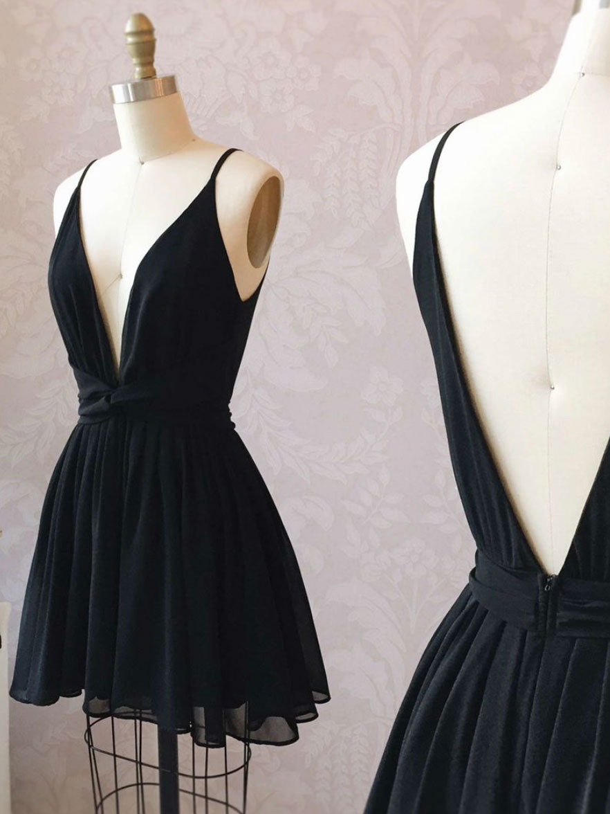 Simple v neck chiffon short prom dress, black homecoming dress
