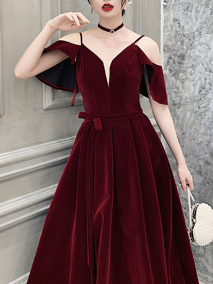 Burgundy velvet beads long prom dress, burgundy evening dress – toptby