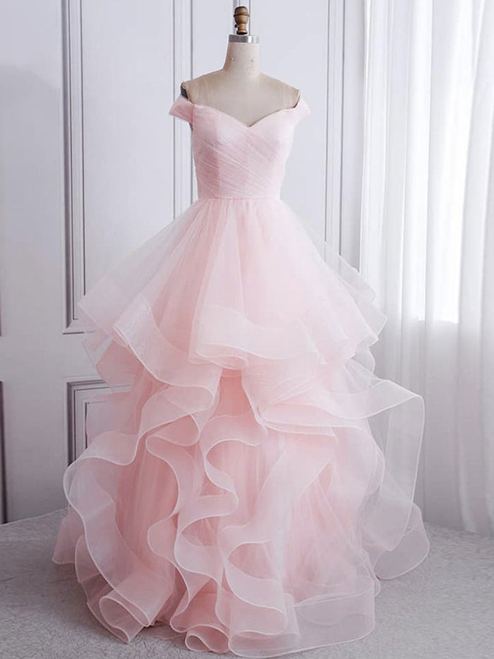 Backless Pale Pink Ball Gown Ruffle Tulle Bottom Prom Gown,Formal Long Dress,GDC1096