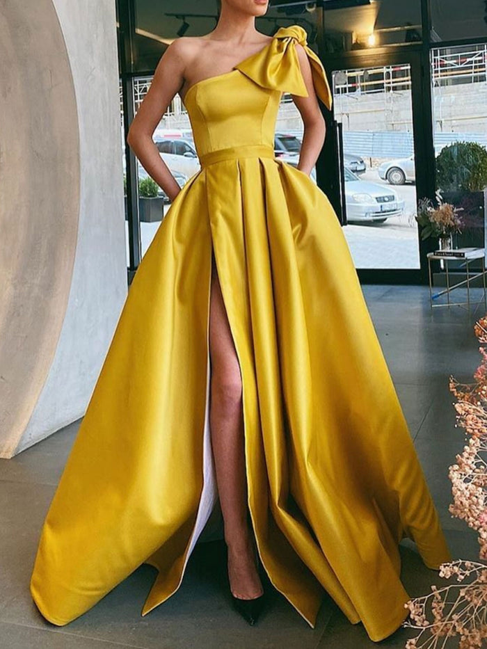 Yellow satin long prom dress, yellow evening dress – toptby