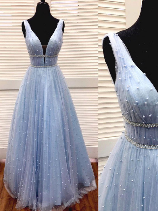 Load image into Gallery viewer, Blue v neck tulle long prom dress, blue tulle formal dress
