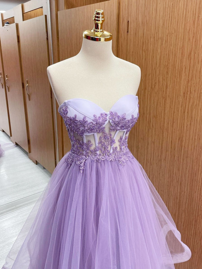 PM025,Light purple tulle mini prom dresses strapless pleated homecomin –  prommirror