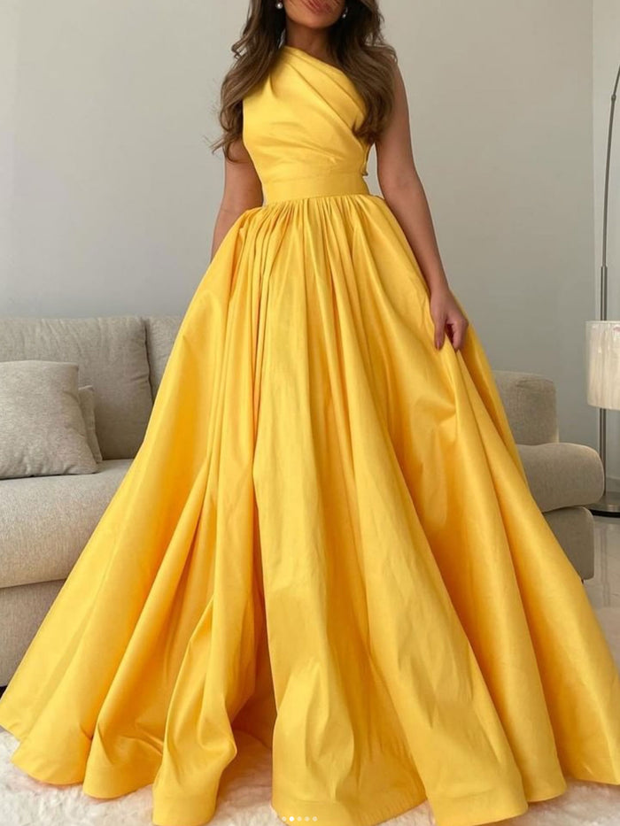 Elegant Yellow Satin High Low Sleeveless Simple Ball Gown Long Prom Dr –  AlineBridal