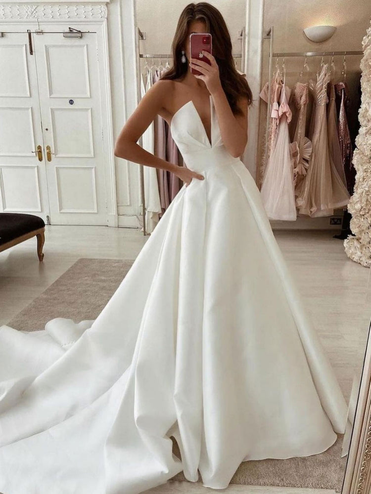 Simple white satin long prom dress, white long evening dress – toptby