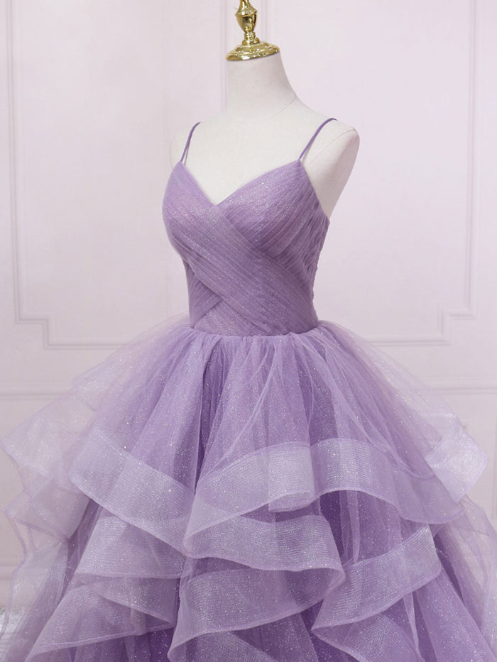 Simple purple v neck tulle long prom dress, purple evening dress – toptby