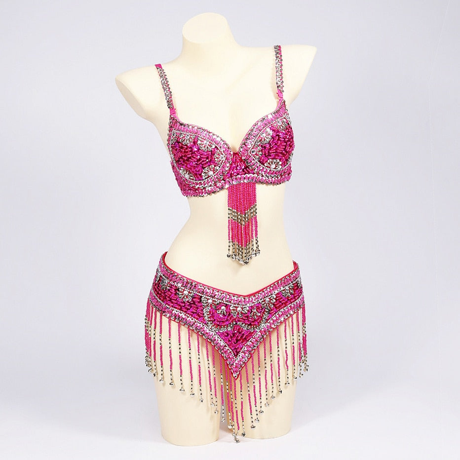 Beaded Crystal Belly Dance Costume Bra+Belt+Necklace 3pc