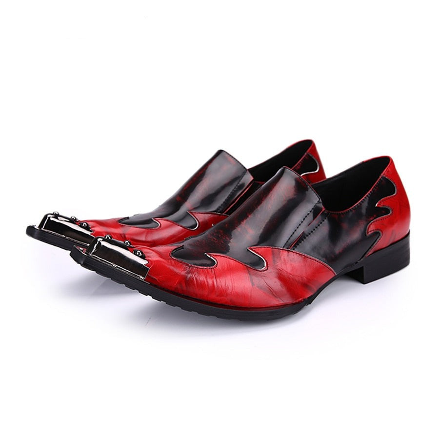 Flaming Rock Mens Dress Shoes Red Faux Leather Pointed Iron Toe Shoes for Men