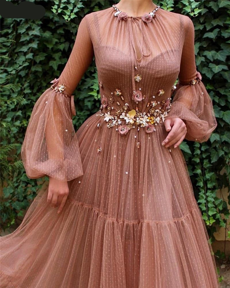 Blush Long Sleeve Long Evening Gown with Pretty Flowers