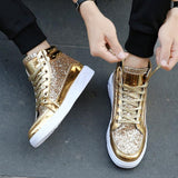 Golden Glittery Mens Shoes | Casual Streetwear High Top Men Sneakers - Woodland Gatherer