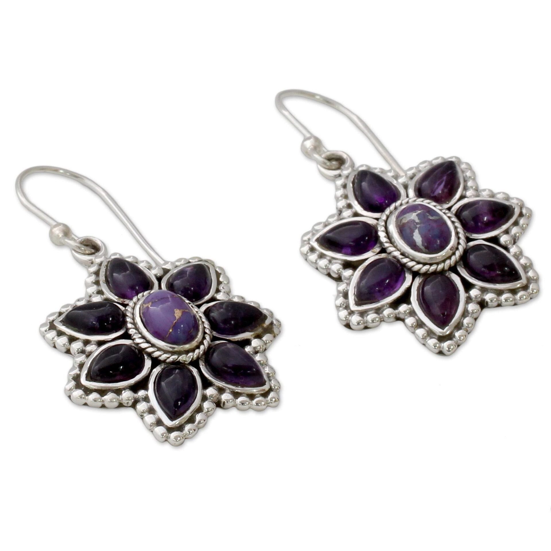Purple Crystal Flower Drop Earrings