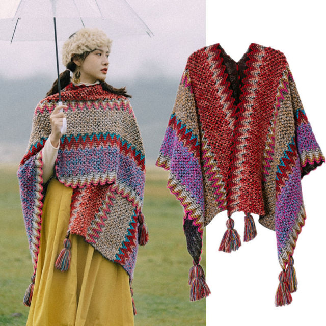 Autumn Winter Knitted Poncho Capes Tassels