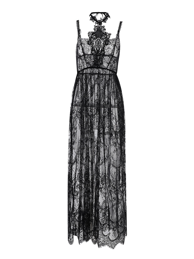 Bellamira Gothic Black Lace Layering Dress Halter Maxi Dress
