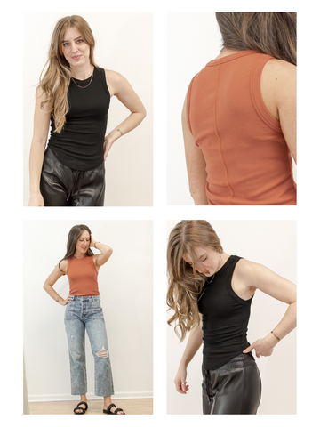 different angles of models wearing black and rust ribbed tank tops