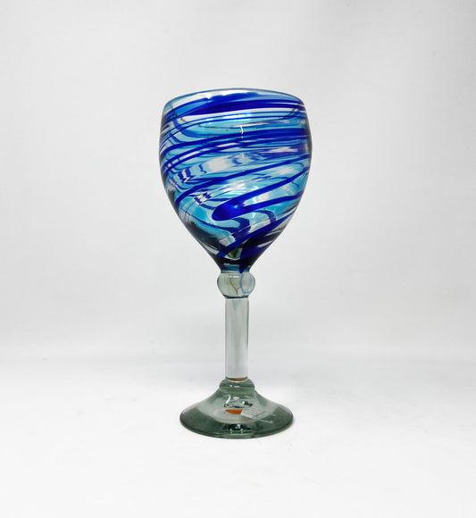 Hand Blown Stemless Wine Glasses | Beautiful Blue Swirl Design