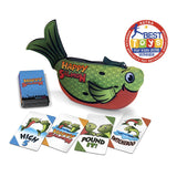 Happy Salmon card game pouch with action card examples, ASTRA best toy winner seal