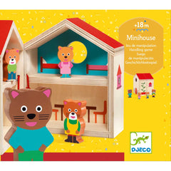 bright yellow box front of the DJECO Minihouse Wooden Dollhouse Play Set