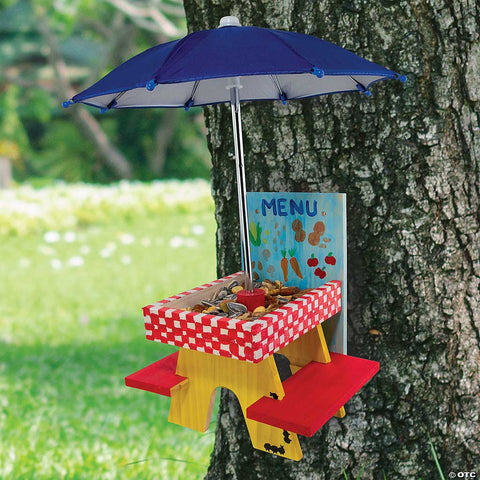 an assembled and brightly painted Make Your Own Squirrel Feeder kit by Mindware